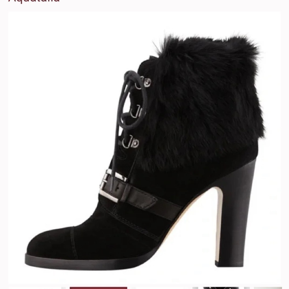 Aquatalia Grandly Suede-Rabbit Fur Lace-Up Boot Black Made In Italy Size 10